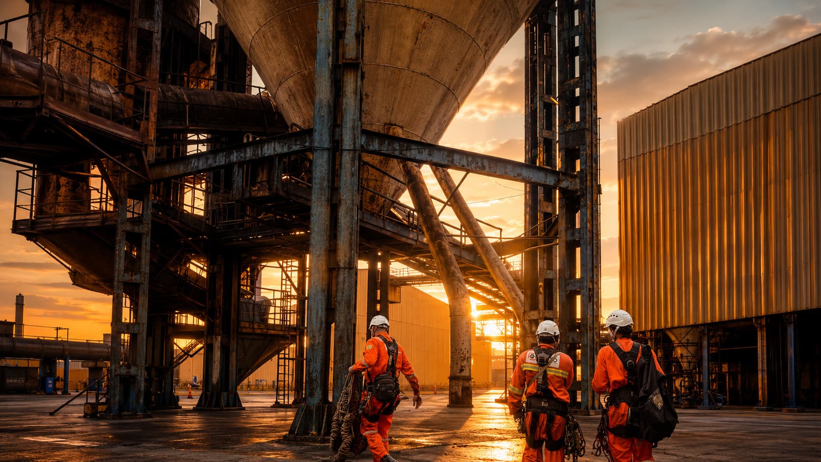 Equipe Hayllo com EPI completo caminhando em planta industrial